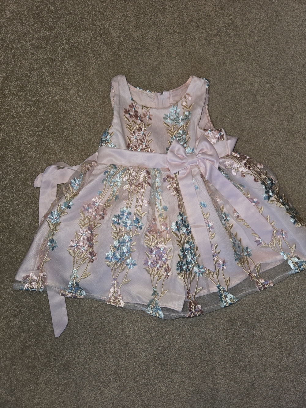 Rare Editions Pink Floral Embroidered Party Dress with Satin Bow